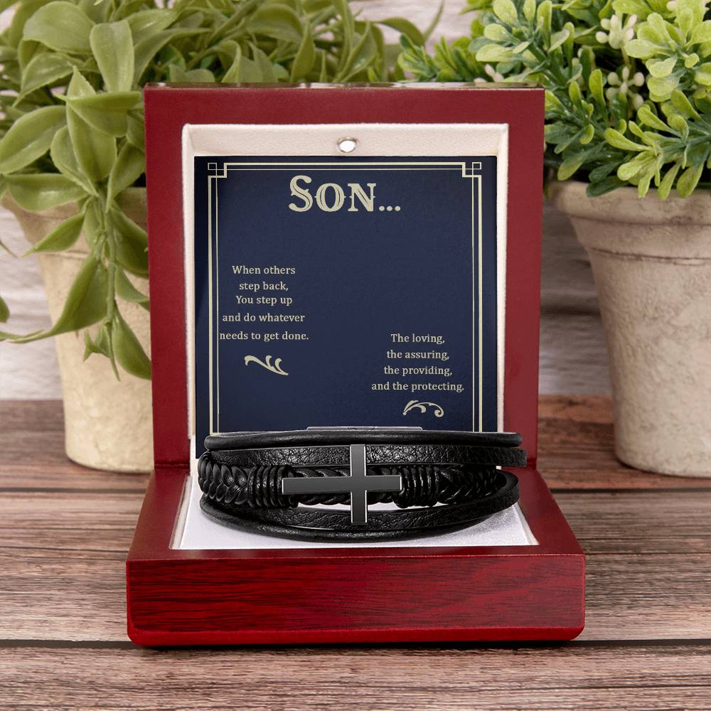 To My Son When Others Step Back Men's Cross Bracelet - Vegan Leather with Stainless Steel-Express Your Love Gifts