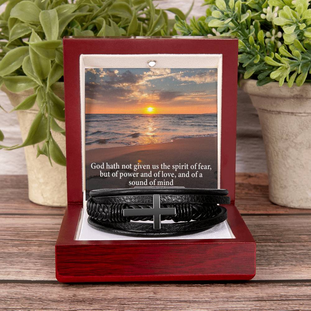 No Fear 2 Timothy 1:7 Men's Stainless Steel & Vegan Leather Cross Bracelet - Vegan Leather with Stainless Steel-Express Your Love Gifts
