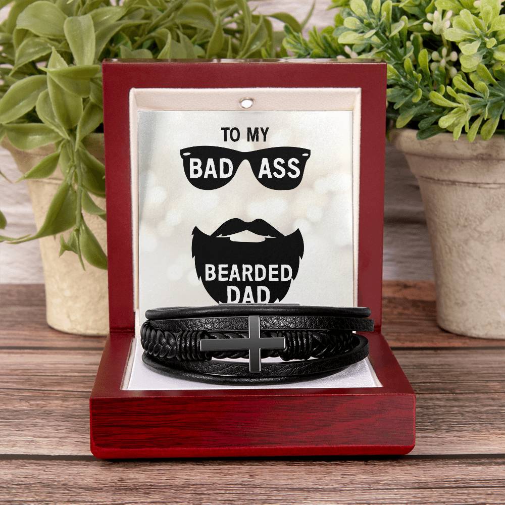To My Badass Bearded Dad Men's Cross Bracelet - Vegan Leather with Stainless Steel-Express Your Love Gifts