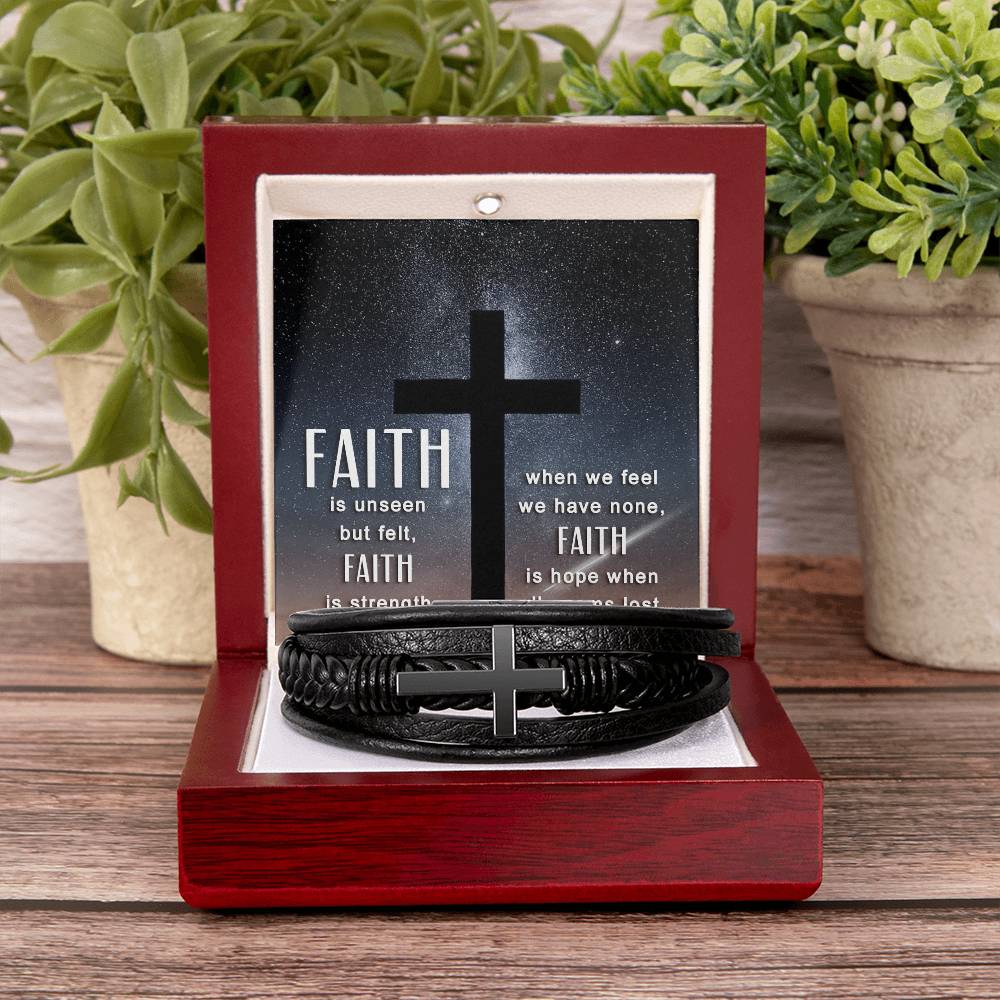 Faith is Unseen But Felt Men's Stainless Steel & Vegan Leather Cross Bracelet - Vegan Leather with Stainless Steel-Express Your Love Gifts