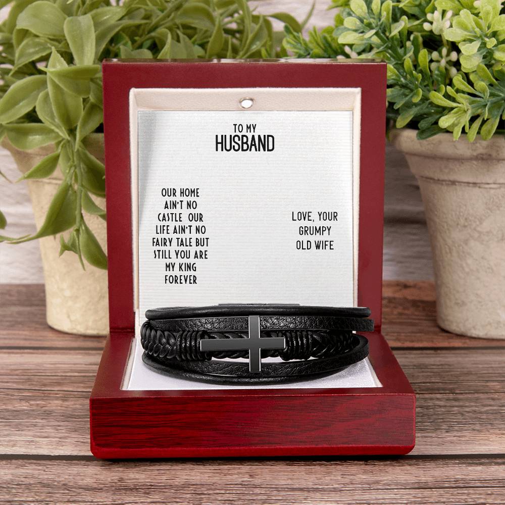 To My Husband Our Home Ain't No Castle Men's Cross Bracelet - Vegan Leather with Stainless Steel-Express Your Love Gifts