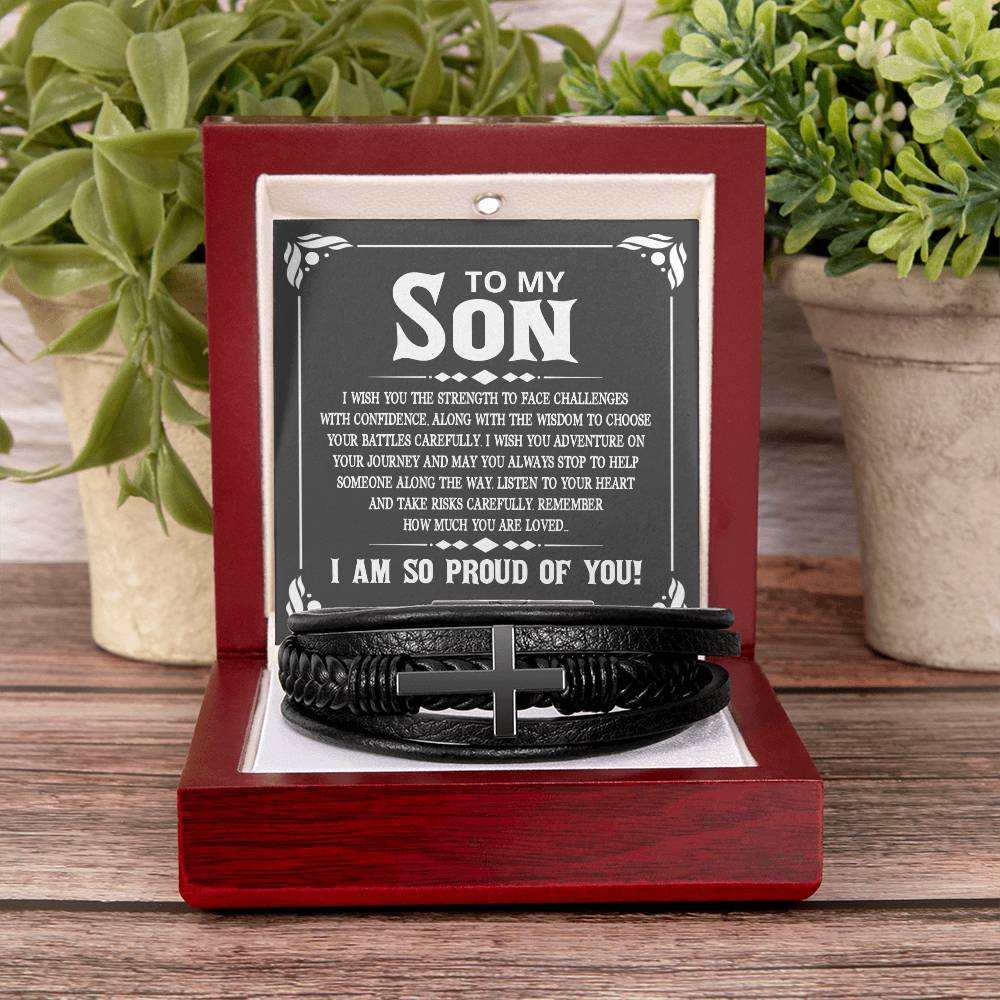 To My Son I Wish You the Strength to Face Challenges Men's Cross Bracelet - Vegan Leather with Stainless Steel-Express Your Love Gifts