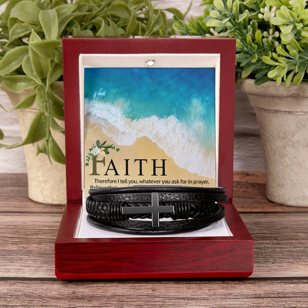 Therefor I Tell You Men's Stainless Steel & Vegan Leather Cross Bracelet - Vegan Leather with Stainless Steel-Express Your Love Gifts