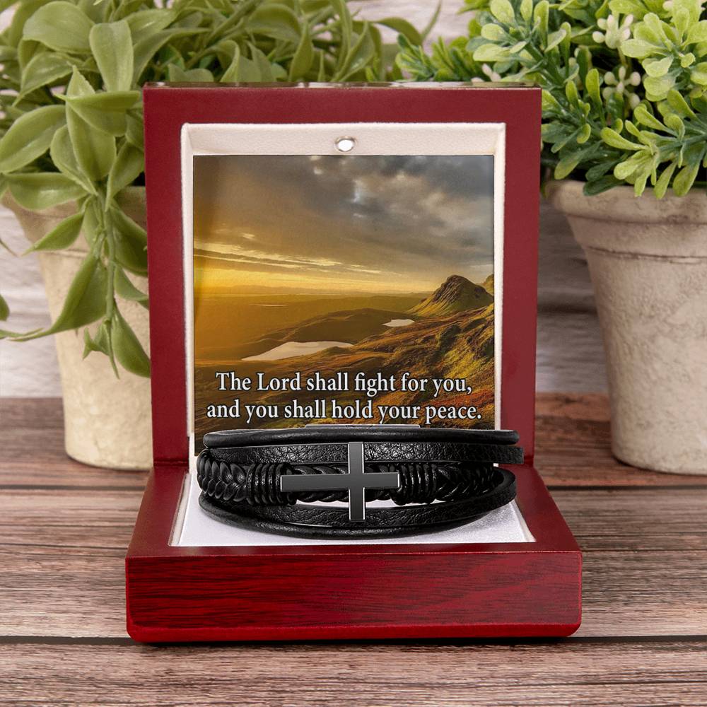 The Lord Shall Fight For You Exodus 14:14 Men's Stainless Steel & Vegan Leather Cross Bracelet - Vegan Leather with Stainless Steel-Express Your Love Gifts