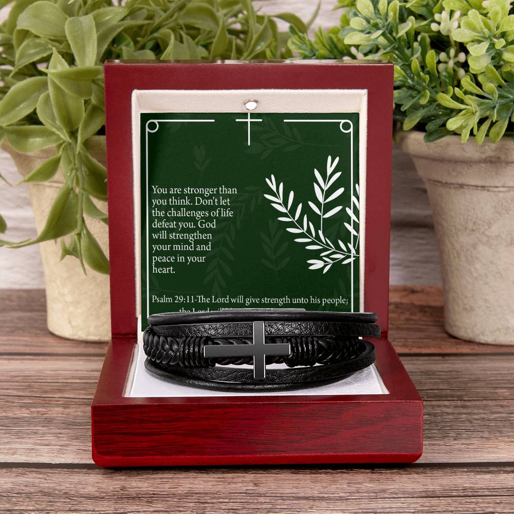 God Will Strengthen You Psalm 29:11 Men's Stainless Steel & Vegan Leather Cross Bracelet - Vegan Leather with Stainless Steel-Express Your Love Gifts