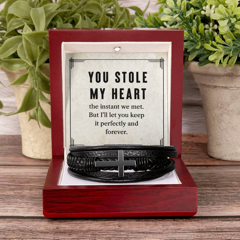 My To Man You Stole My Heart Men's Cross Bracelet - Vegan Leather with Stainless Steel-Express Your Love Gifts