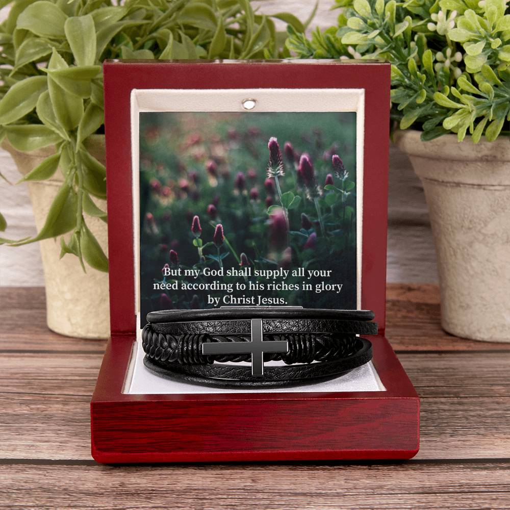 God Supply All Your Need Philippians 4:19 Men's Stainless Steel & Vegan Leather Cross Bracelet - Vegan Leather with Stainless Steel-Express Your Love Gifts