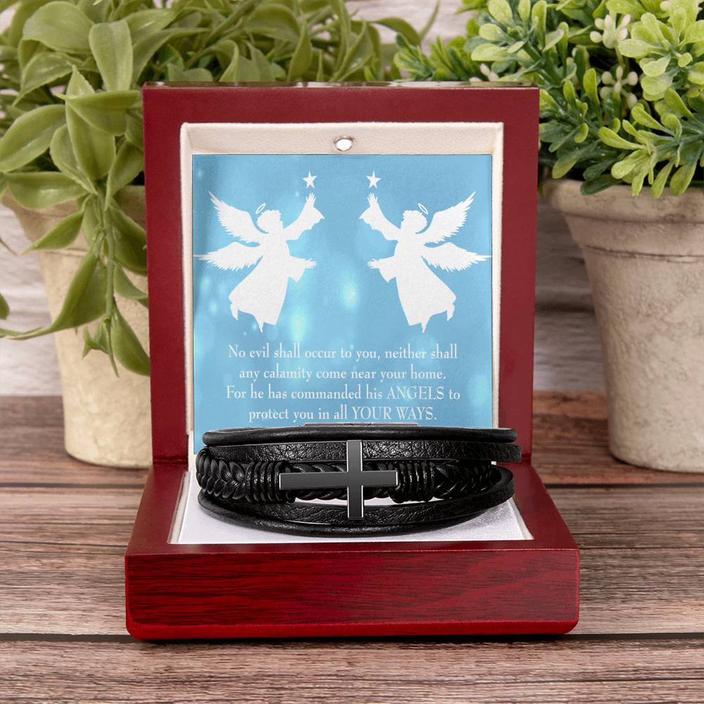 Psalm 91 Blue Men's Stainless Steel & Vegan Leather Cross Bracelet - Vegan Leather with Stainless Steel-Express Your Love Gifts