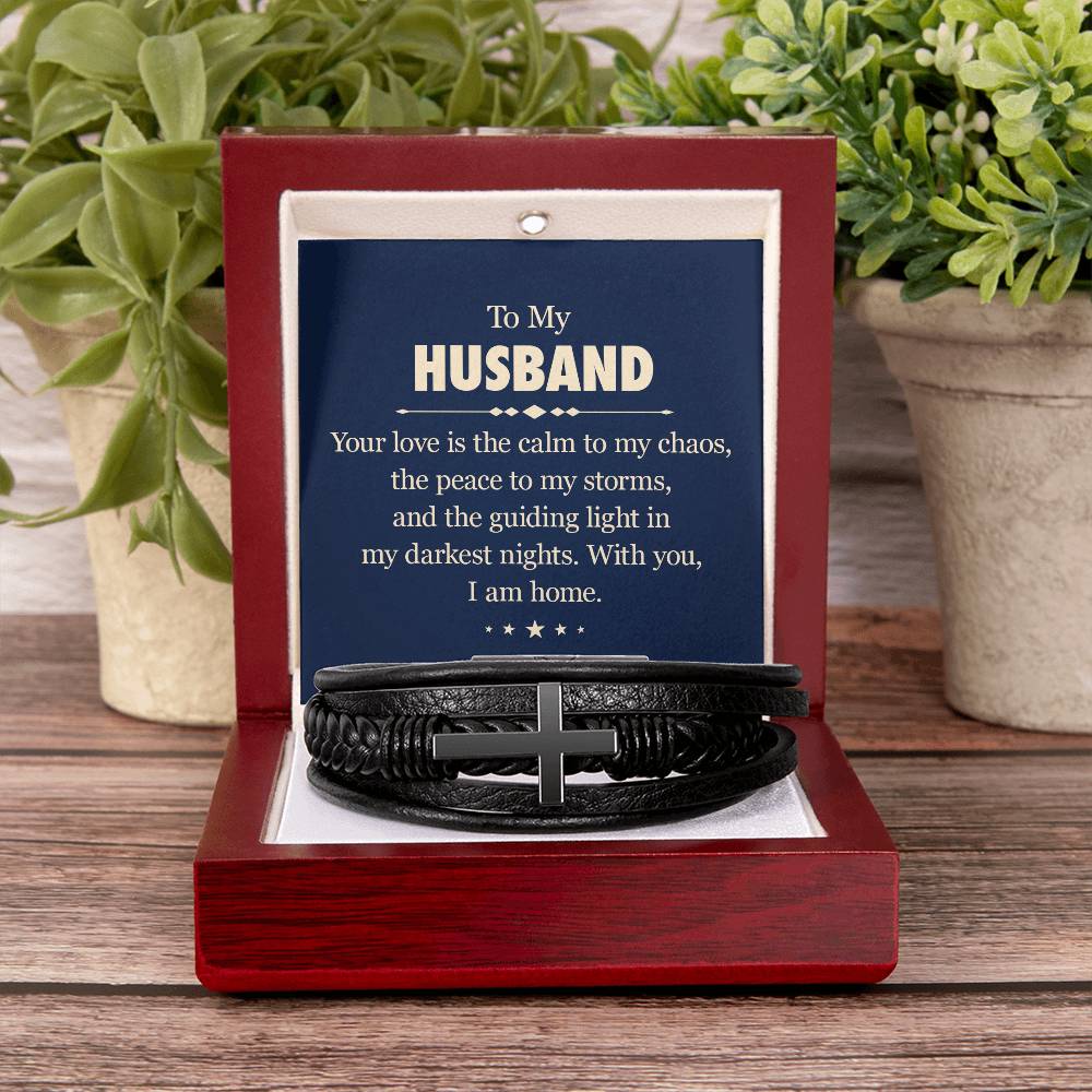 To My Husband Your Love is the Calm to My Chaos Men's Cross Bracelet - Vegan Leather with Stainless Steel-Express Your Love Gifts
