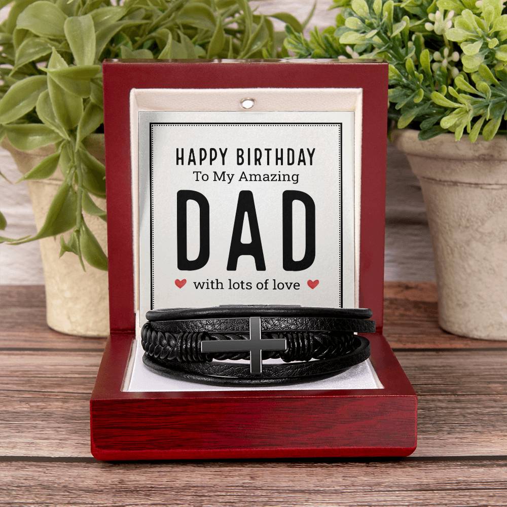 Happy Birthday to My Amazing Dad Men's Cross Bracelet - Vegan Leather with Stainless Steel-Express Your Love Gifts