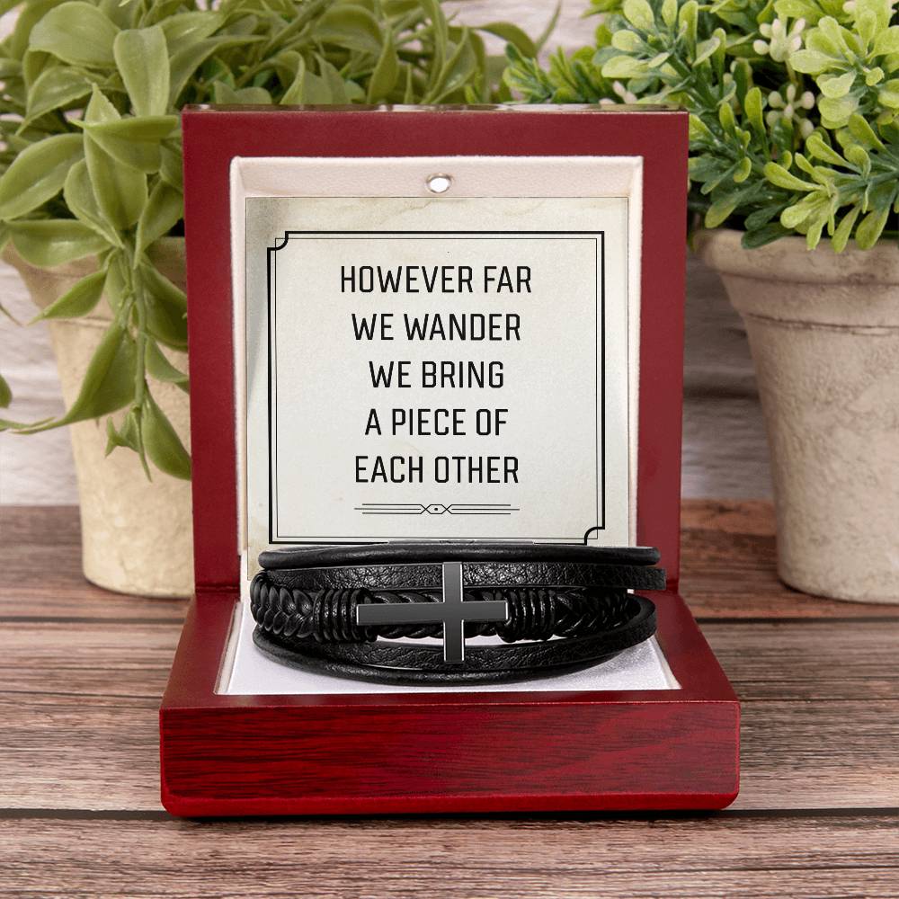 However Far We Wander Men's Cross Bracelet - Vegan Leather with Stainless Steel-Express Your Love Gifts