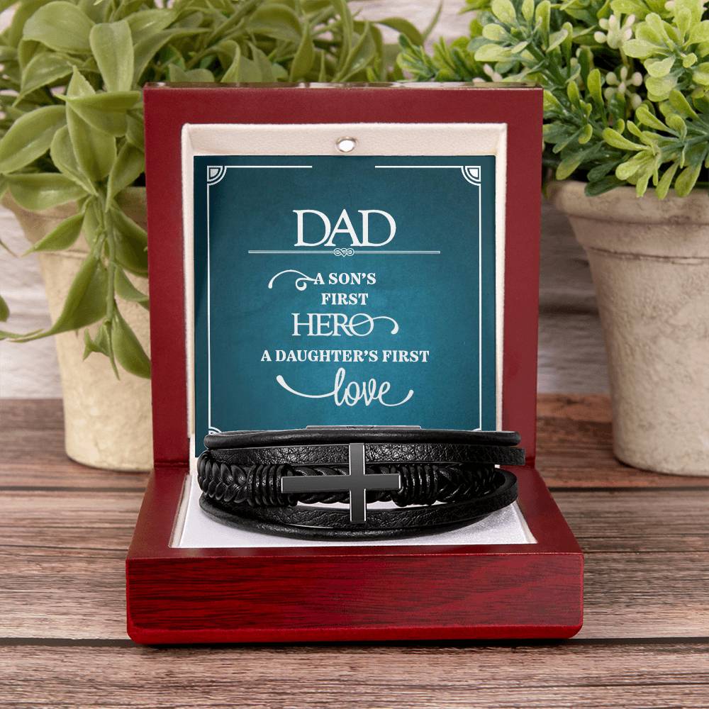Dad a Sons First Hero Men's Cross Bracelet - Vegan Leather with Stainless Steel-Express Your Love Gifts