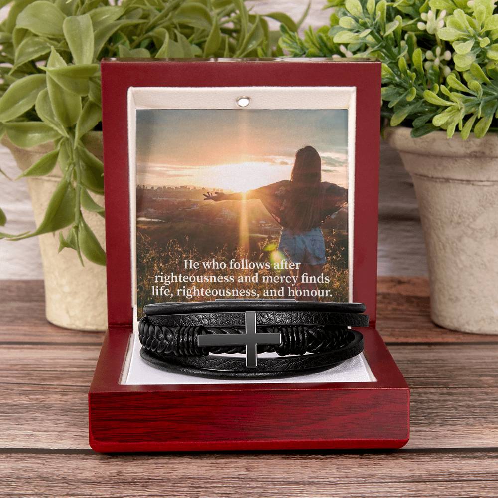 Righteousness and Honour Proverbs 21:21 Men's Stainless Steel & Vegan Leather Cross Bracelet - Vegan Leather with Stainless Steel-Express Your Love Gifts