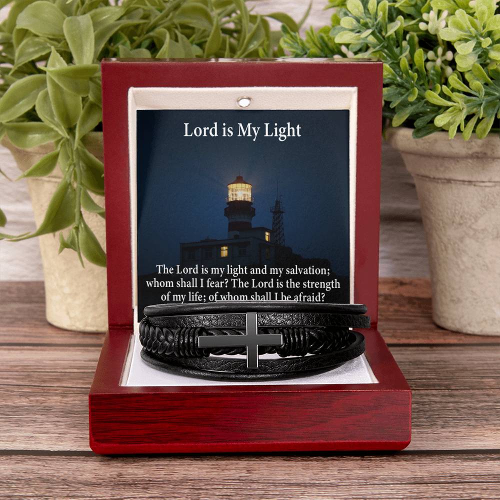 Lord is My Light Psalm 27:1 Men's Stainless Steel & Vegan Leather Cross Bracelet - Vegan Leather with Stainless Steel-Express Your Love Gifts