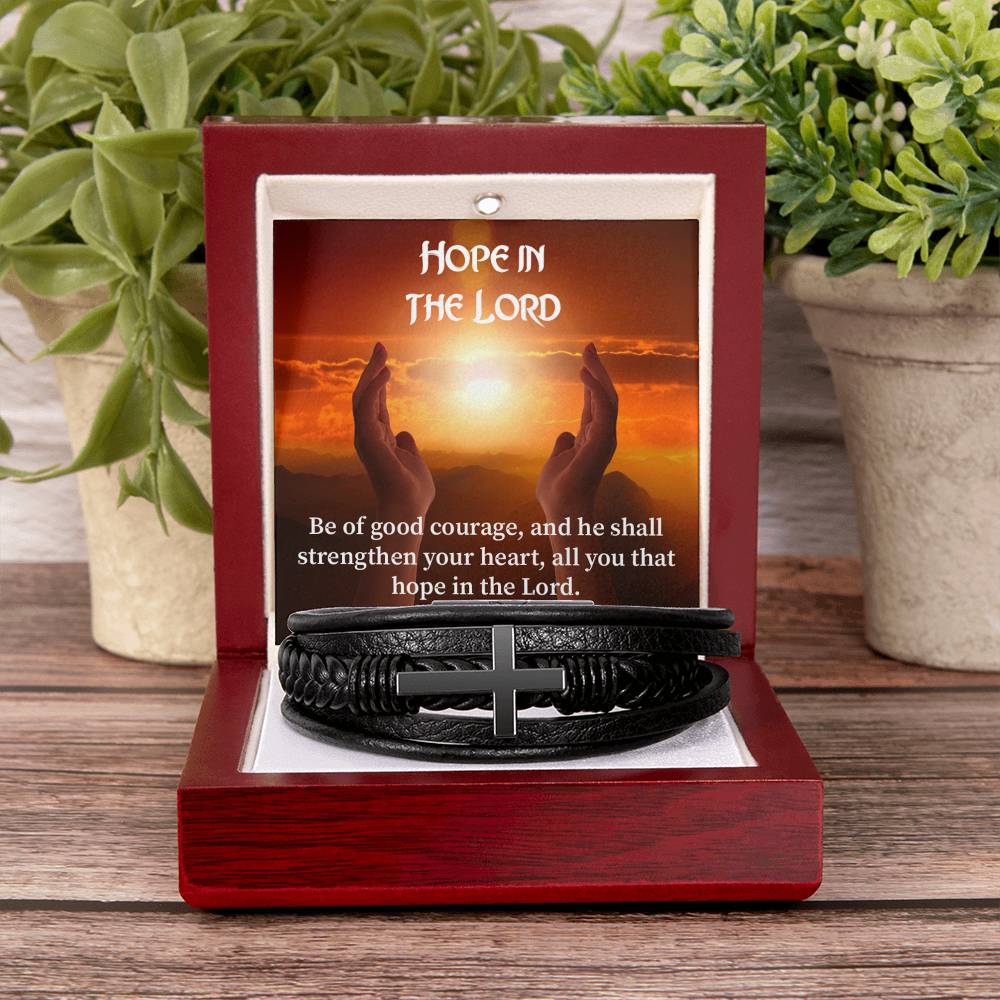 Hope in The Lord Psalm 31:24 Men's Stainless Steel & Vegan Leather Cross Bracelet - Vegan Leather with Stainless Steel-Express Your Love Gifts
