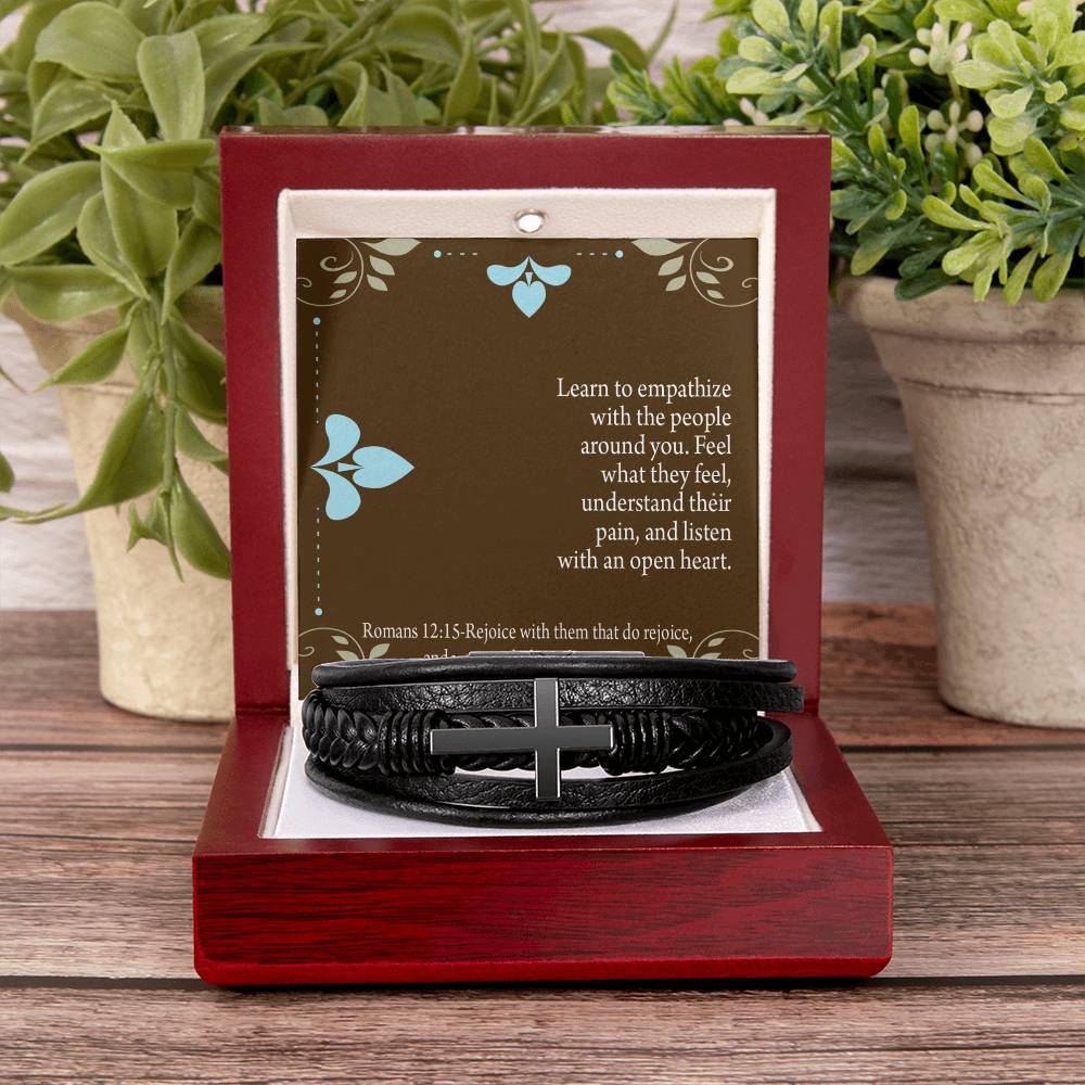 Empathy & Understanding Romans 12:15 Men's Stainless Steel & Vegan Leather Cross Bracelet - Vegan Leather with Stainless Steel-Express Your Love Gifts