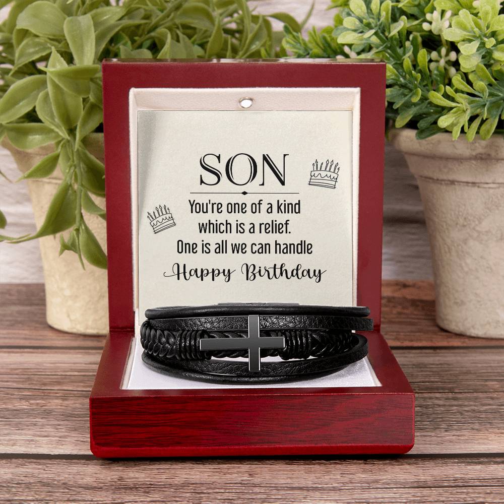 To My Son You're One of a Kind Men's Cross Bracelet - Vegan Leather with Stainless Steel-Express Your Love Gifts