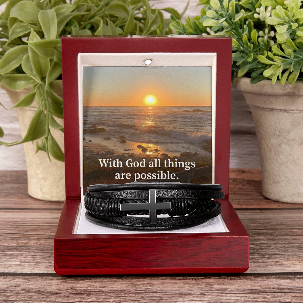With God All Things are Possible Matthew 19:26 Men's Stainless Steel & Vegan Leather Cross Bracelet - Vegan Leather with Stainless Steel-Express Your Love Gifts