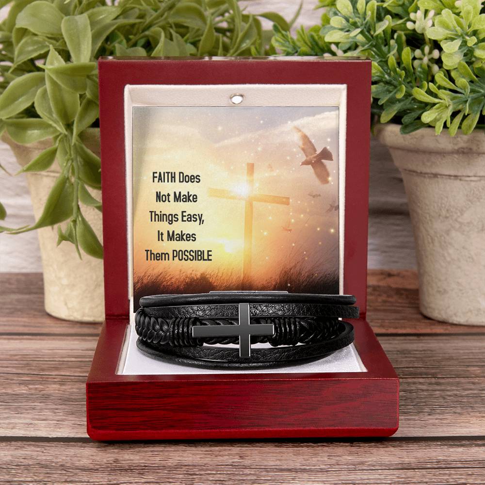 Faith Does Not Make Things Easy Luke 1:37 Men's Stainless Steel & Vegan Leather Cross Bracelet - Vegan Leather with Stainless Steel-Express Your Love Gifts