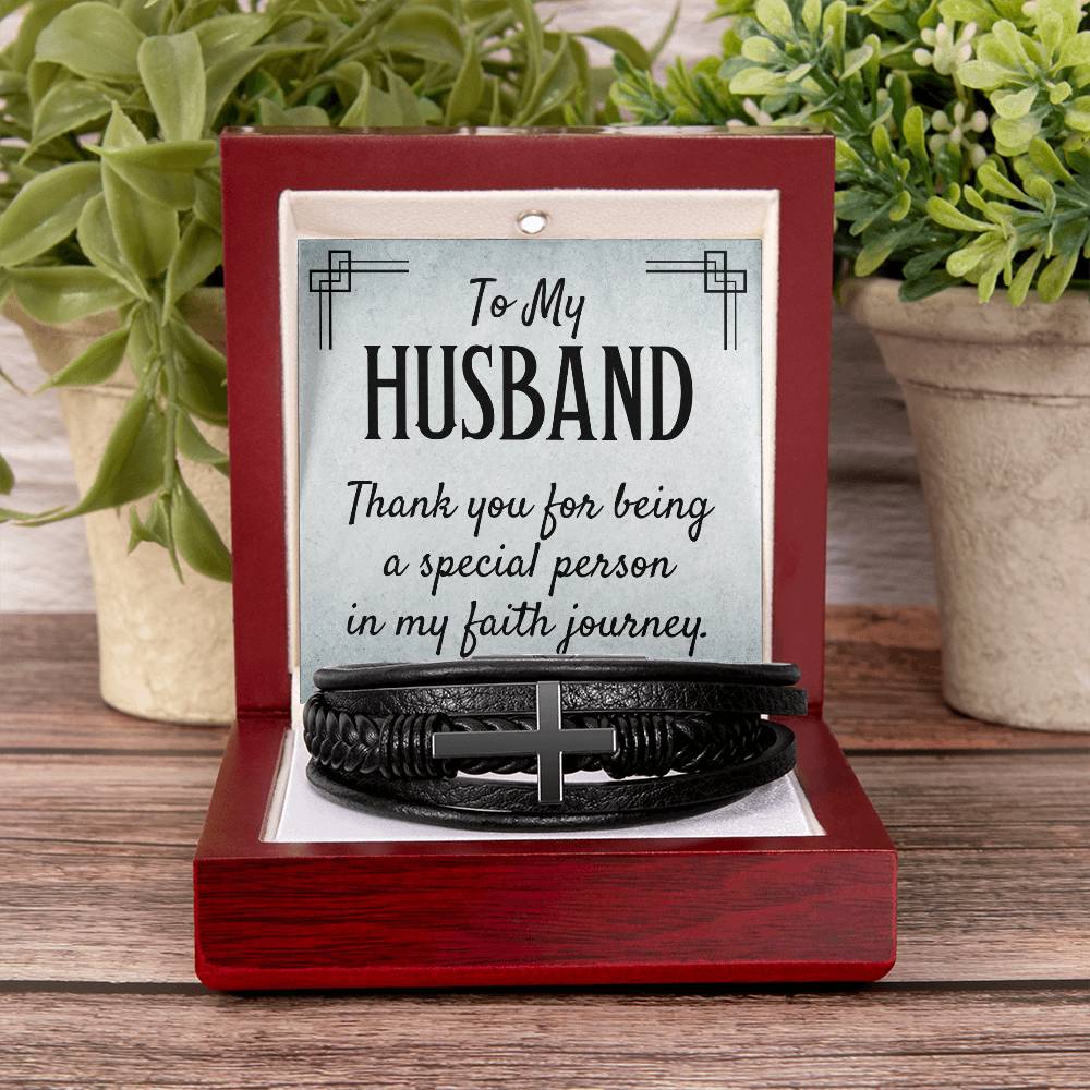 To My Husband Thank You for Being Special Men's Cross Bracelet - Vegan Leather with Stainless Steel-Express Your Love Gifts