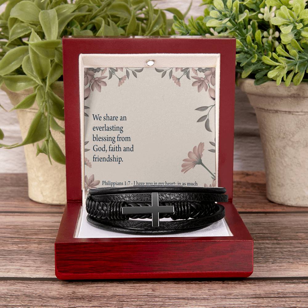 Friendship Philippians 1:7 Men's Stainless Steel & Vegan Leather Cross Bracelet - Vegan Leather with Stainless Steel-Express Your Love Gifts