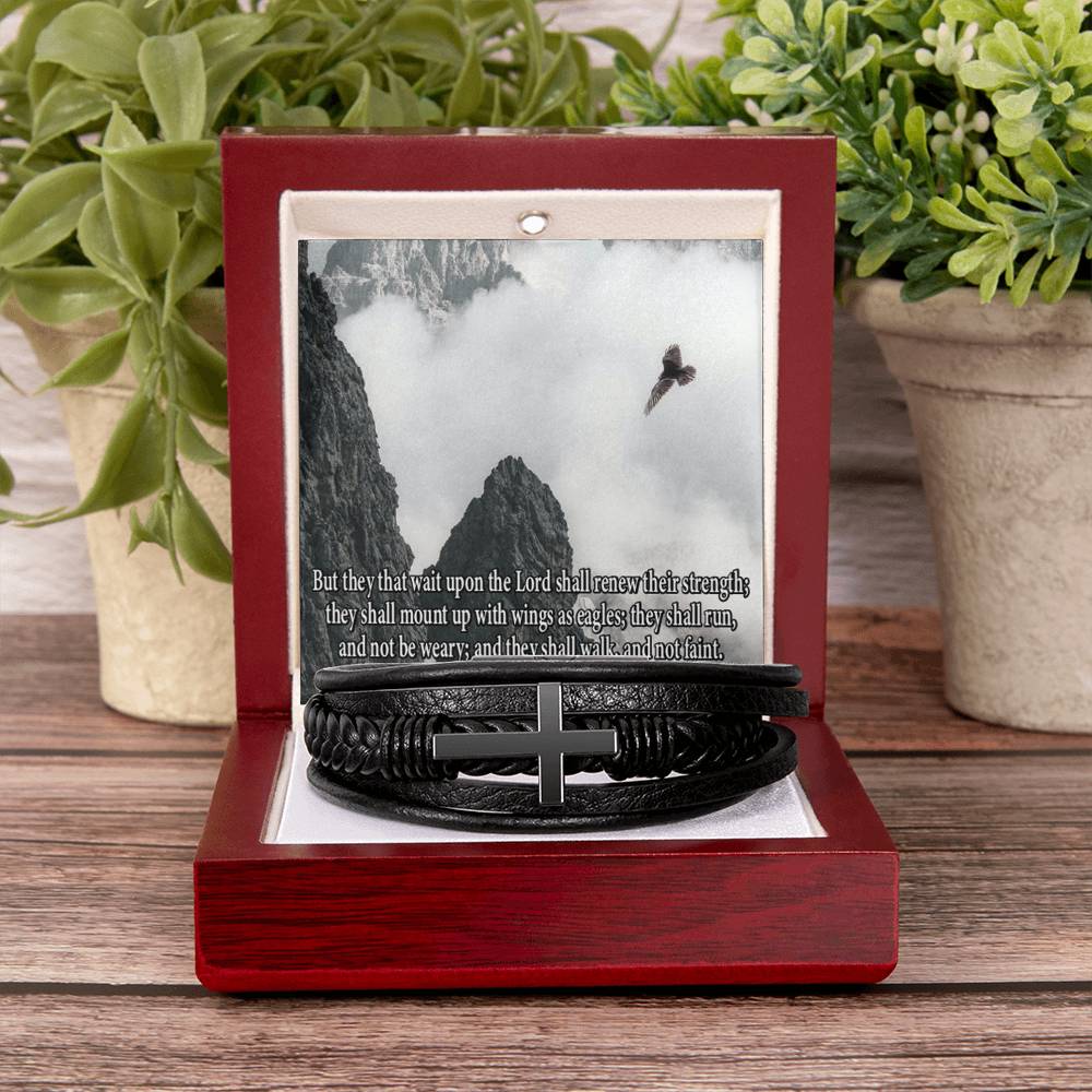 Renew Their Strength Isaiah 40:31 Men's Stainless Steel & Vegan Leather Cross Bracelet - Vegan Leather with Stainless Steel-Express Your Love Gifts