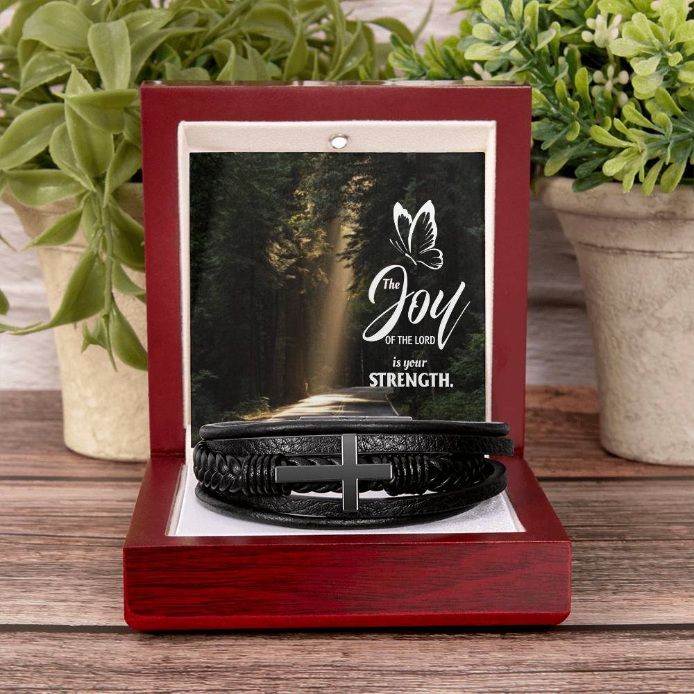 The Joy of The Lord is Your Strength Men's Stainless Steel & Vegan Leather Cross Bracelet - Vegan Leather with Stainless Steel-Express Your Love Gifts