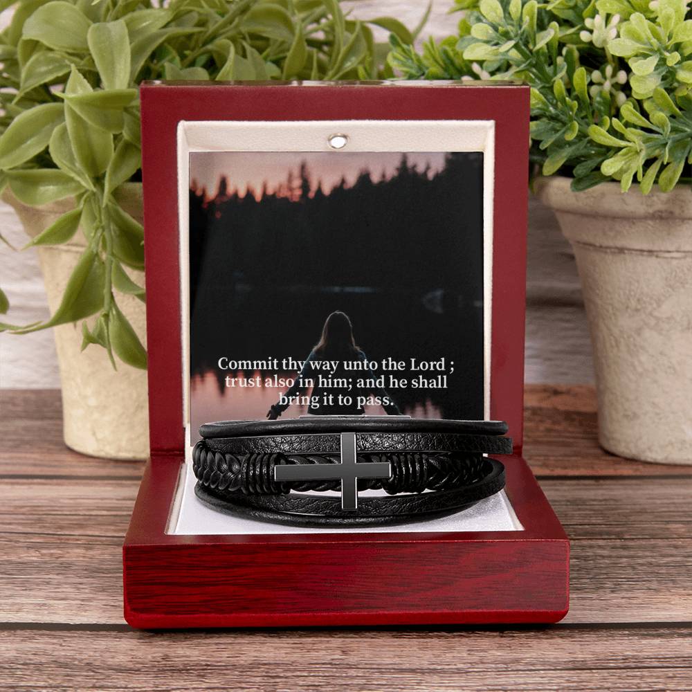 Commit Psalm 37:5 Men's Stainless Steel & Vegan Leather Cross Bracelet - Vegan Leather with Stainless Steel-Express Your Love Gifts
