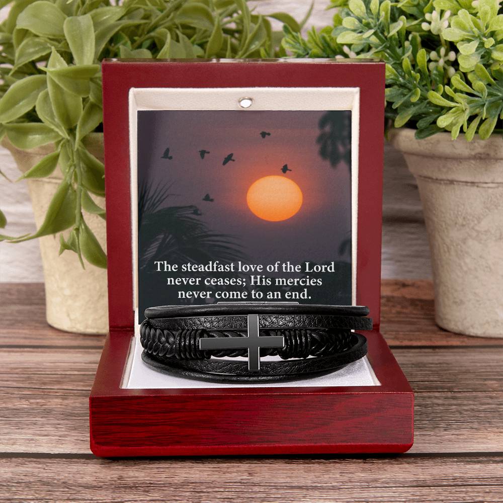 Love of Lord Never Ends Lamentations 3:22 Men's Stainless Steel & Vegan Leather Cross Bracelet - Vegan Leather with Stainless Steel-Express Your Love Gifts