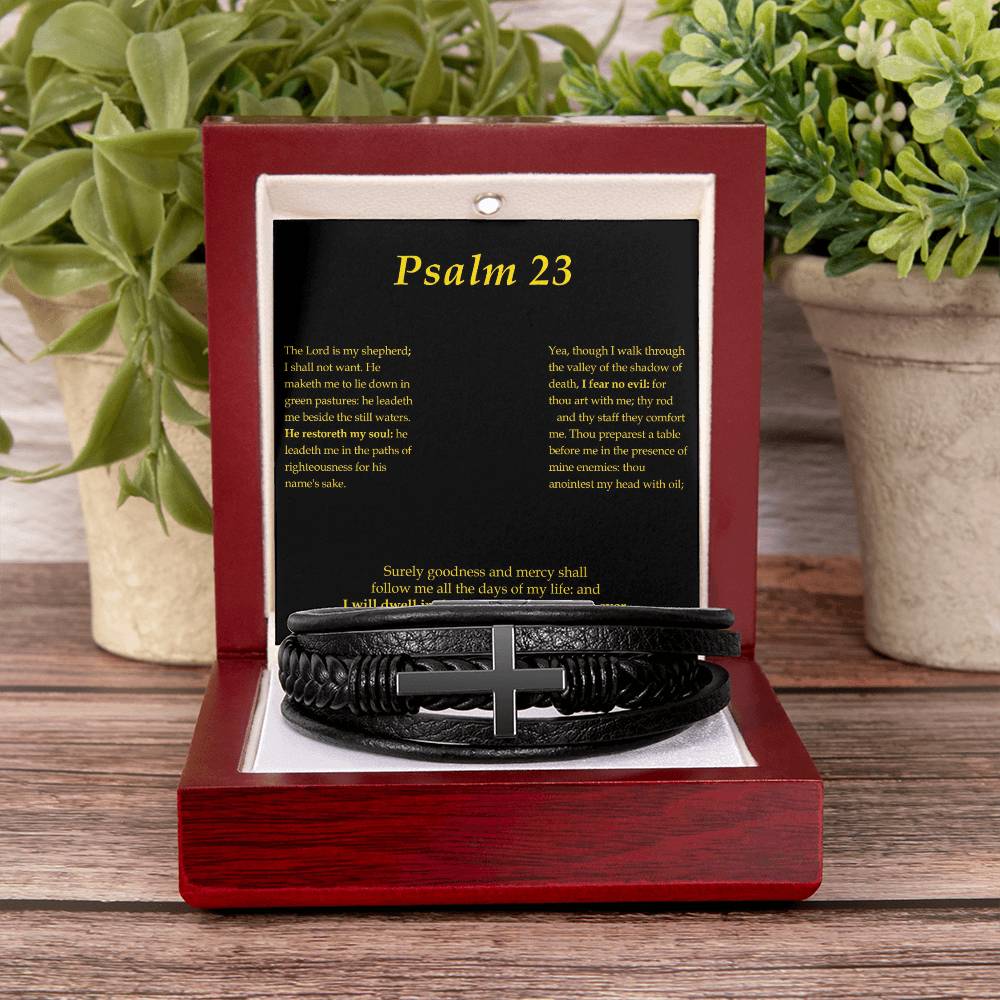 Psalm 23 Men's Stainless Steel & Vegan Leather Cross Bracelet - Vegan Leather with Stainless Steel-Express Your Love Gifts
