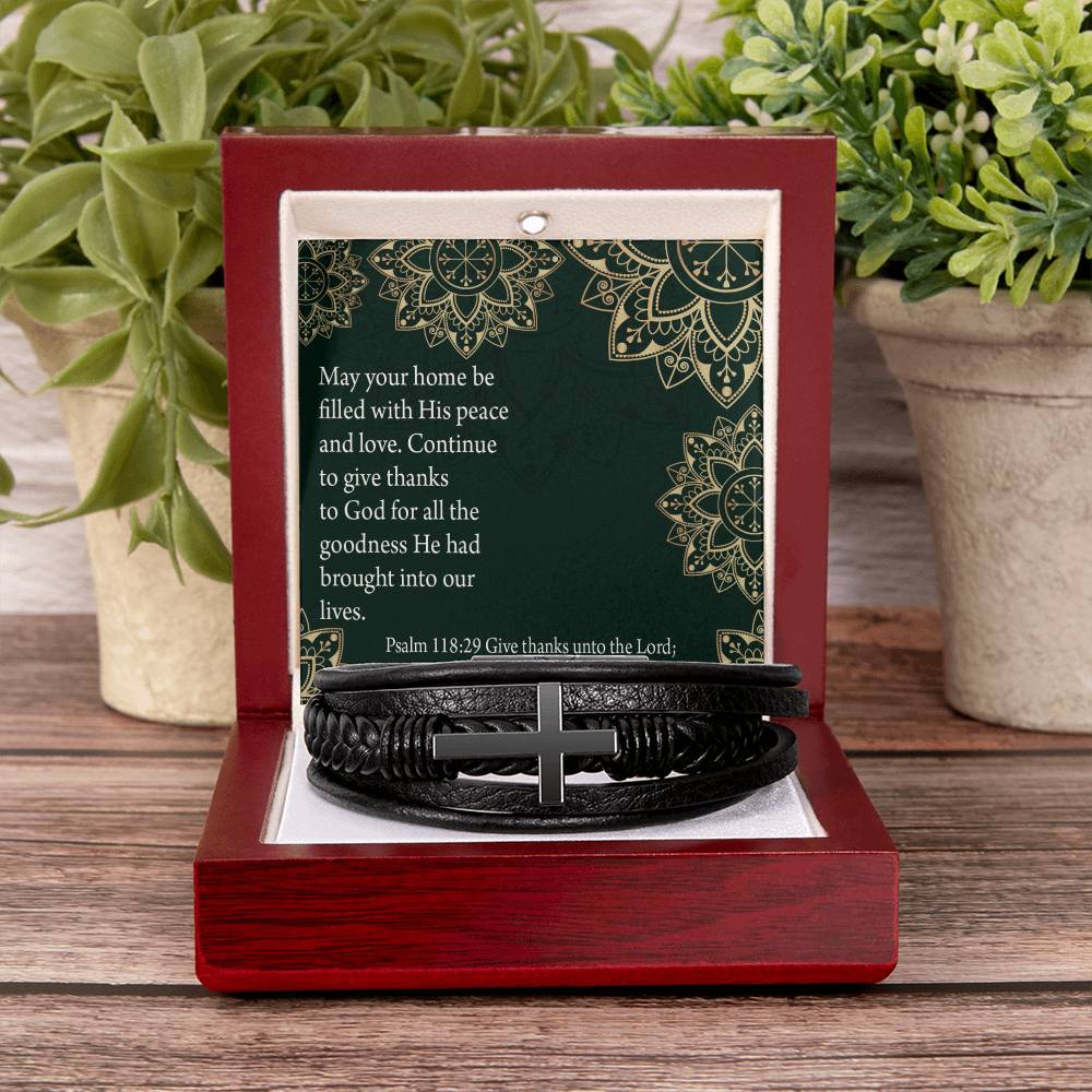 Thanksgiving Psalm 118:29 Men's Stainless Steel & Vegan Leather Cross Bracelet - Vegan Leather with Stainless Steel-Express Your Love Gifts
