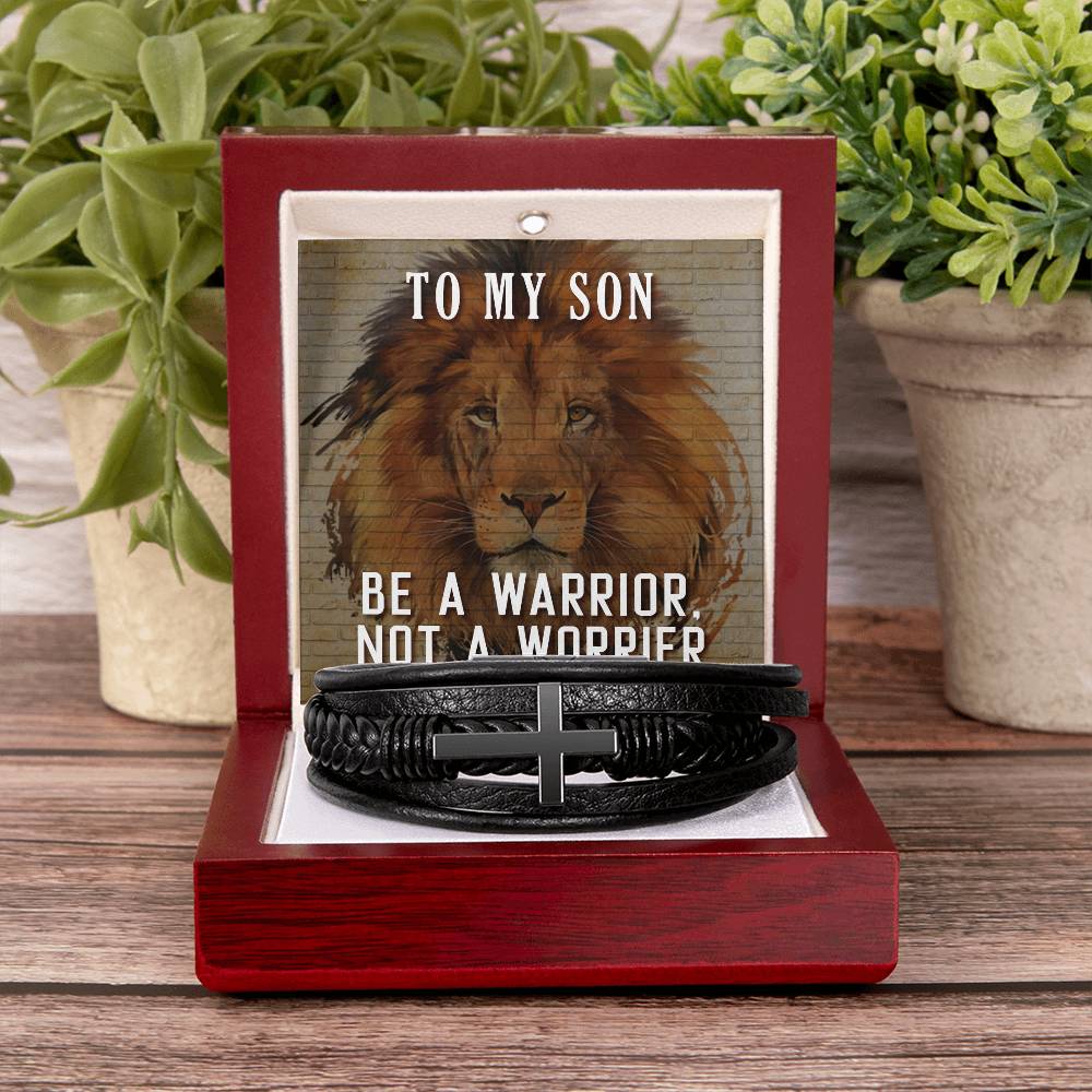 Be a Warrior Not a Worrier Men's Cross Bracelet - Vegan Leather with Stainless Steel-Express Your Love Gifts
