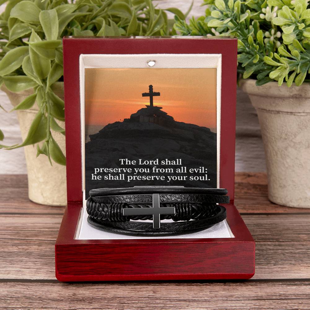 Hope Psalm 121:7 Men's Stainless Steel & Vegan Leather Cross Bracelet - Vegan Leather with Stainless Steel-Express Your Love Gifts
