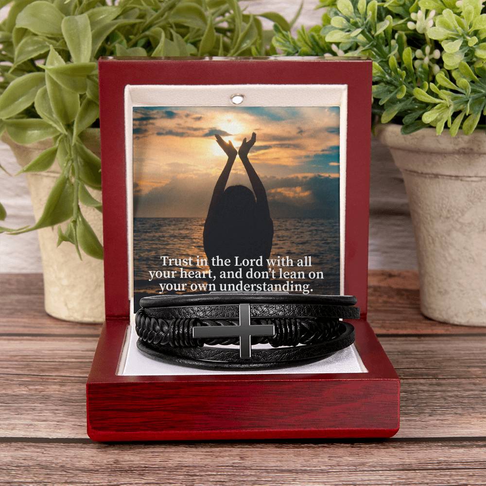 Trust in the Lord Proverbs 3:5 Men's Stainless Steel & Vegan Leather Cross Bracelet - Vegan Leather with Stainless Steel-Express Your Love Gifts