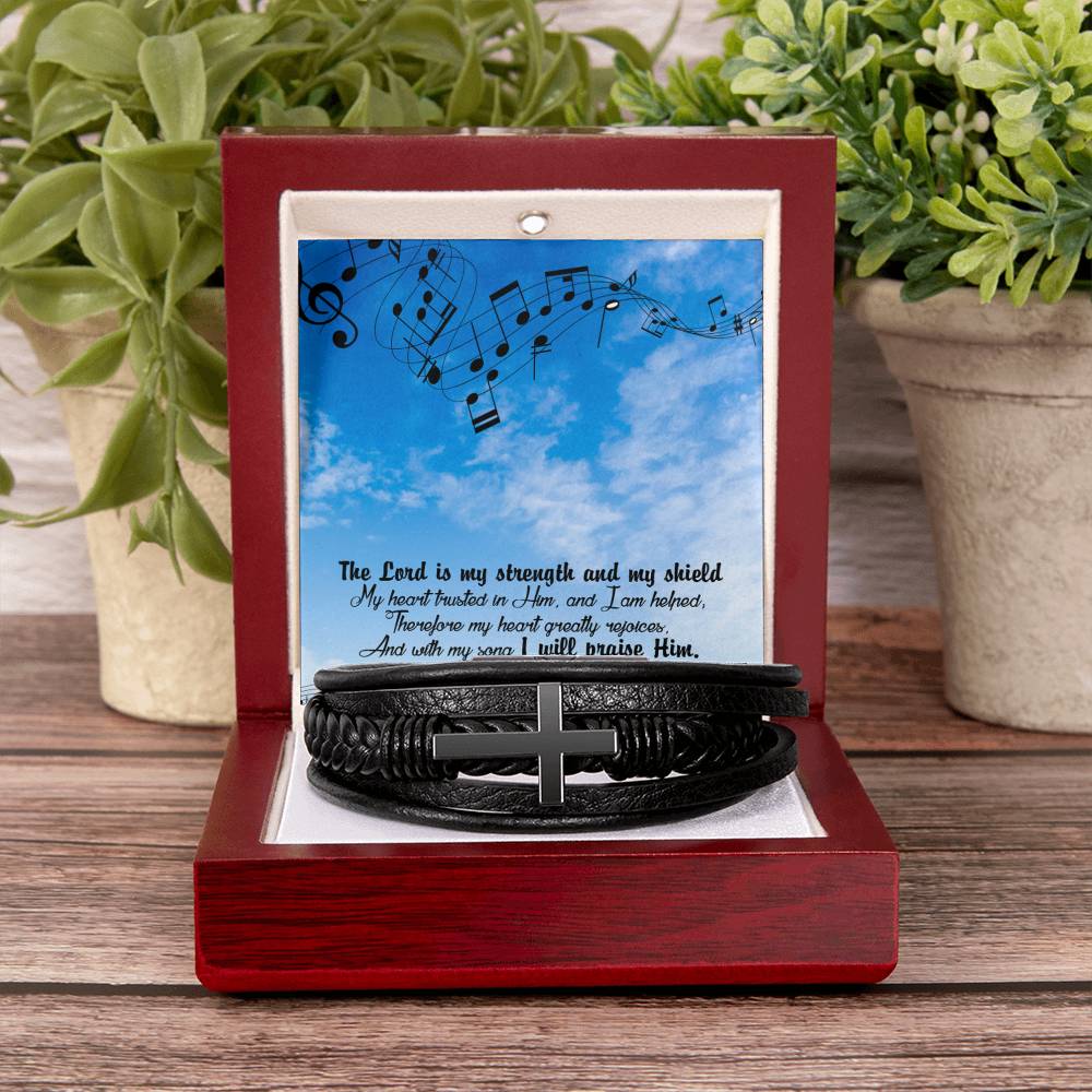 Lord is My Strength Psalm 28:7 Men's Stainless Steel & Vegan Leather Cross Bracelet - Vegan Leather with Stainless Steel-Express Your Love Gifts
