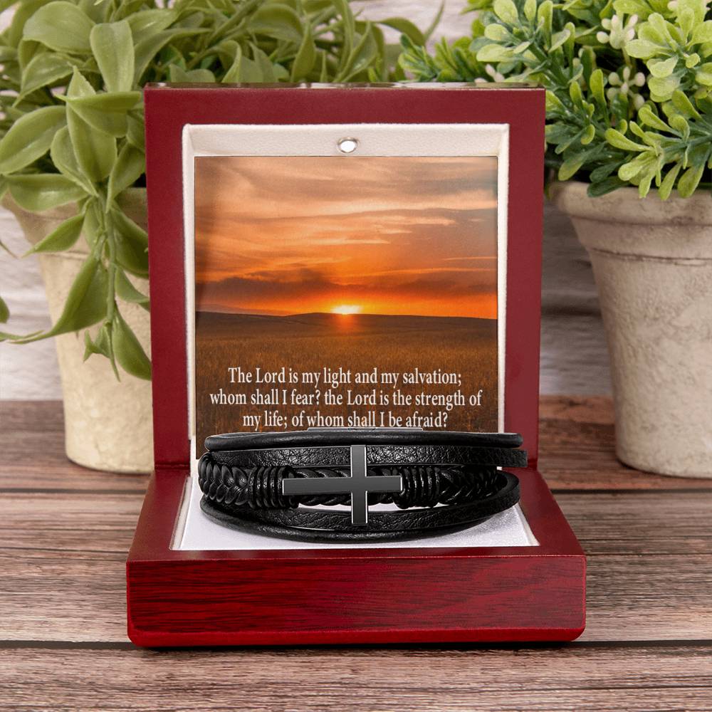 Lord is My Salvation Psalm 27:1 Men's Stainless Steel & Vegan Leather Cross Bracelet - Vegan Leather with Stainless Steel-Express Your Love Gifts