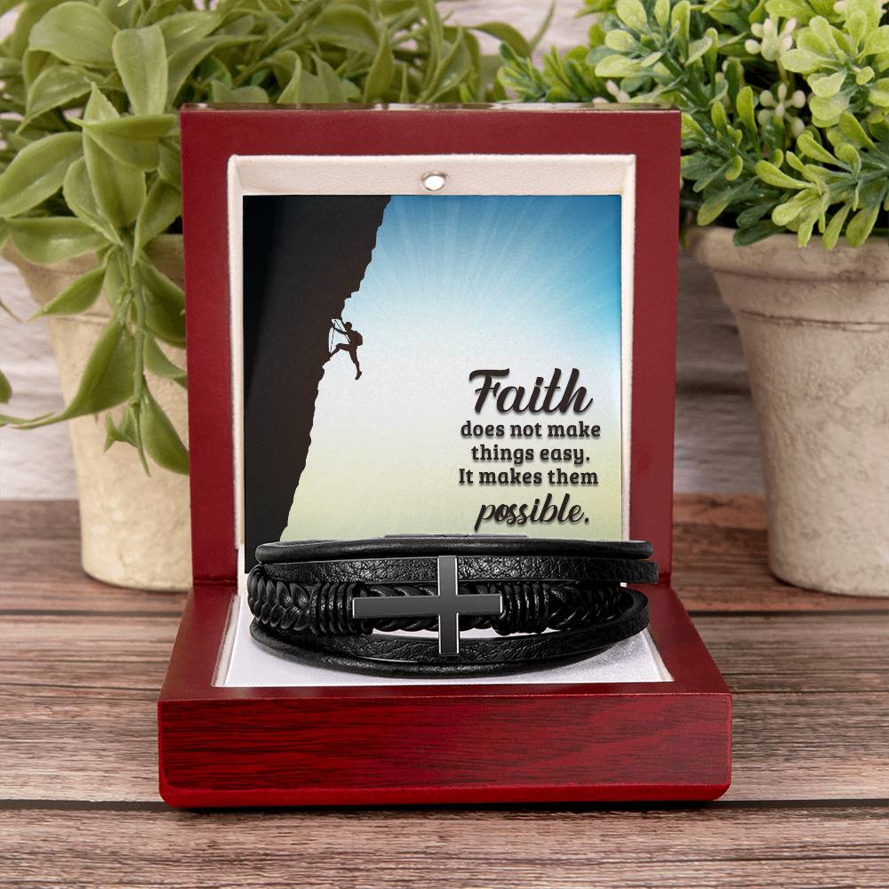 Faith Does Not Make Things Easy Men's Stainless Steel & Vegan Leather Cross Bracelet - Vegan Leather with Stainless Steel-Express Your Love Gifts