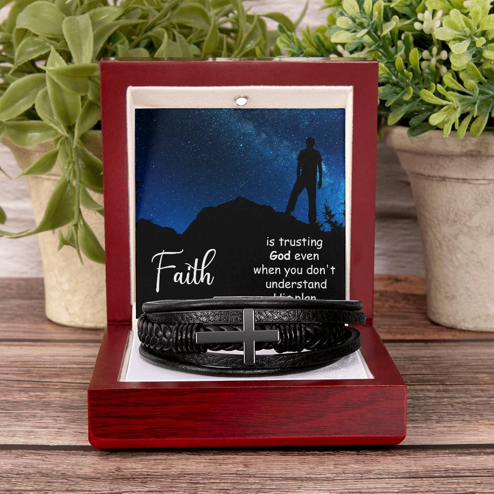 Faith is Trusting God Even When You Don't Men's Stainless Steel & Vegan Leather Cross Bracelet - Vegan Leather with Stainless Steel-Express Your Love Gifts