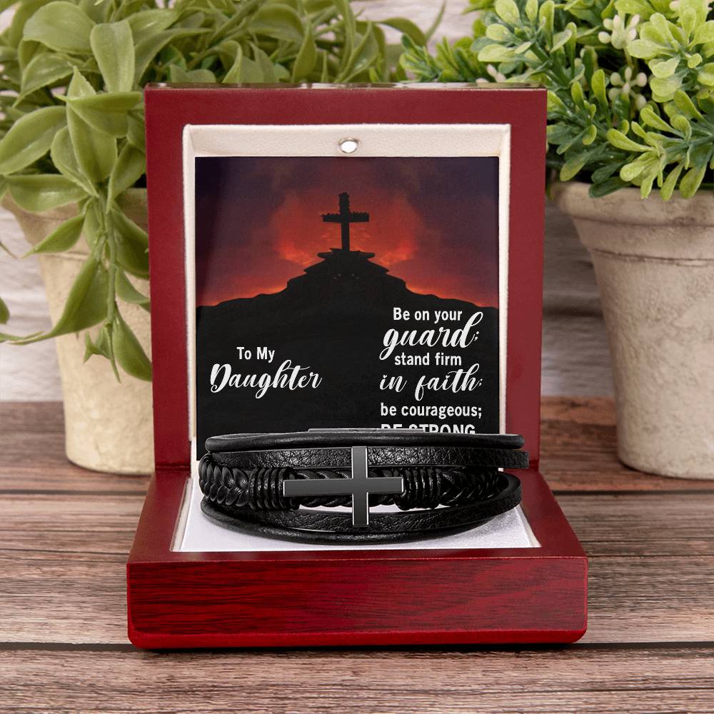 To My Daughter Stand Firm in Faith Stainless Steel & Vegan Leather Cross Bracelet-Express Your Love Gifts