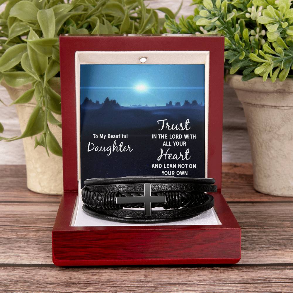 Trust in The Lord Proverbs 3:5-6 Men's Stainless Steel & Vegan Leather Cross Bracelet - Vegan Leather with Stainless Steel-Express Your Love Gifts