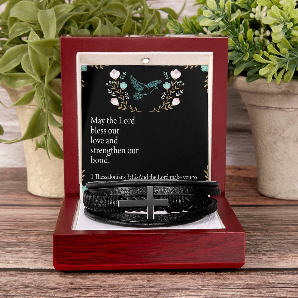 Lord Bless Our Love 1 Thessalonians 3:12 Men's Stainless Steel & Vegan Leather Cross Bracelet - Vegan Leather with Stainless Steel-Express Your Love Gifts