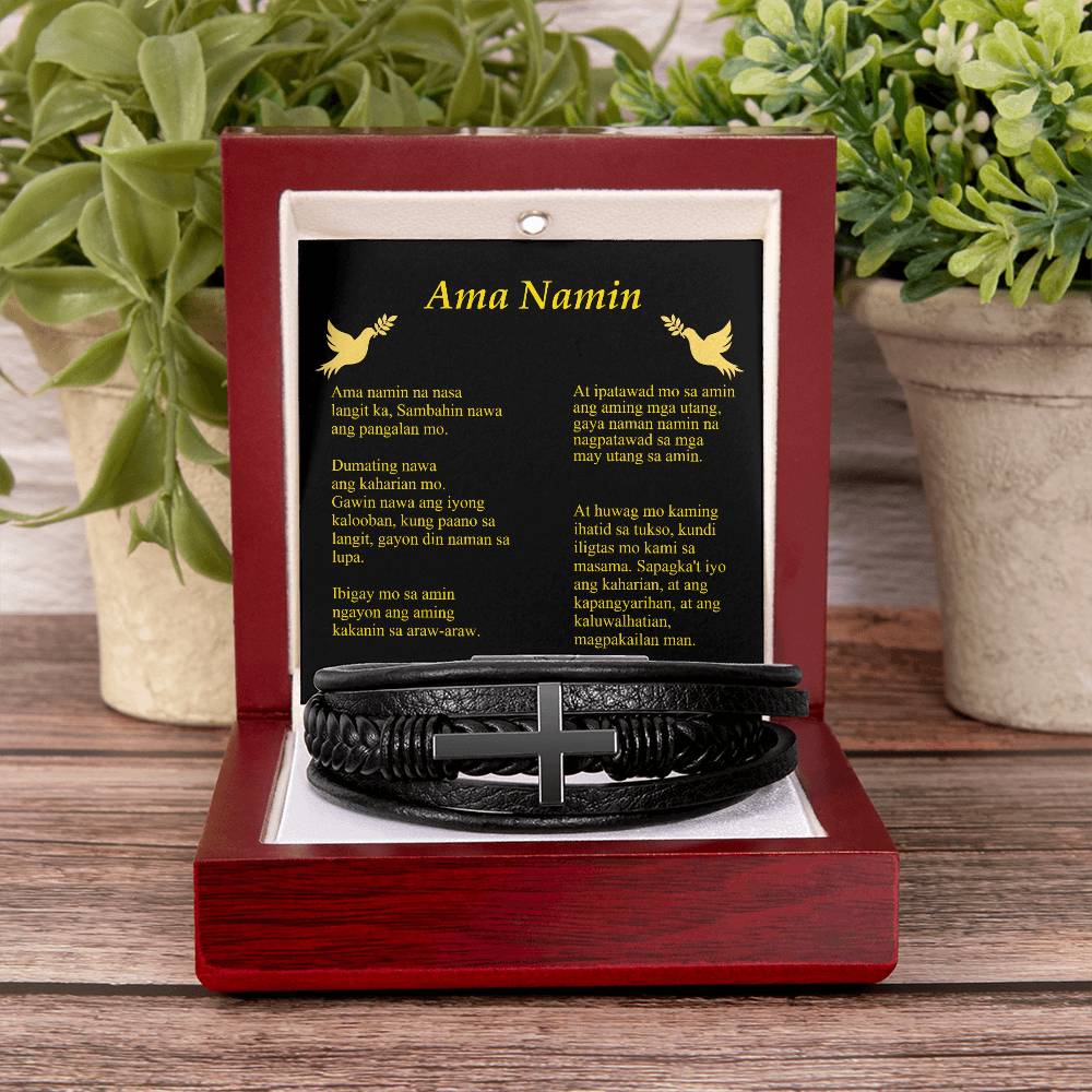Lords Prayer Tagalog Ama Namin Men's Stainless Steel & Vegan Leather Cross Bracelet - Vegan Leather with Stainless Steel-Express Your Love Gifts