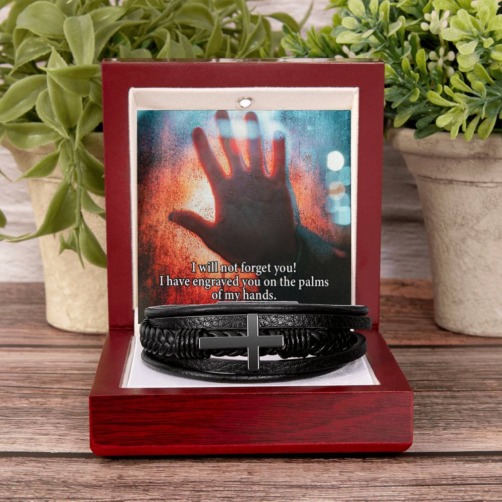 I Will Not Forget You Isaiah 49:16 Men's Stainless Steel & Vegan Leather Cross Bracelet - Vegan Leather with Stainless Steel-Express Your Love Gifts