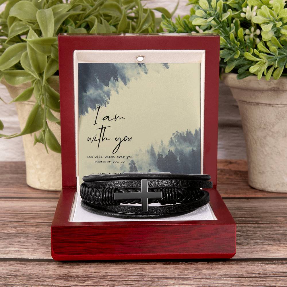 I Am With You Men's Cross Bracelet - Vegan Leather with Stainless Steel-Express Your Love Gifts
