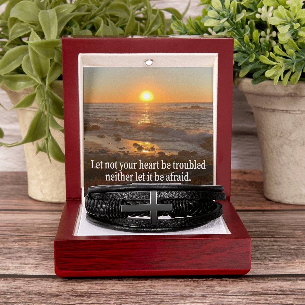 Let Not Your Heart be Troubled John 14:27 Men's Stainless Steel & Vegan Leather Cross Bracelet - Vegan Leather with Stainless Steel-Express Your Love Gifts