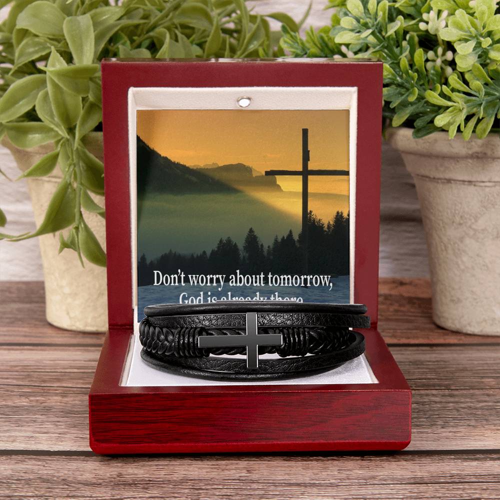 Don’t Worry About Tomorrow Men's Stainless Steel & Vegan Leather Cross Bracelet - Vegan Leather with Stainless Steel-Express Your Love Gifts