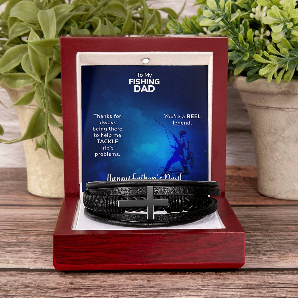 To My Fishing Dad Thanks for Always Being There Men's Cross Bracelet - Vegan Leather with Stainless Steel-Express Your Love Gifts