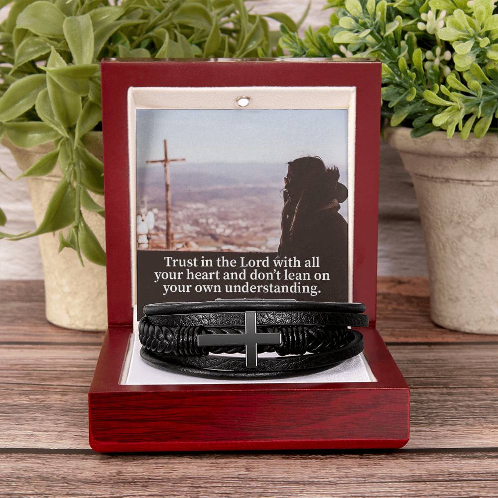 Trust Proverbs 3:5 Men's Stainless Steel & Vegan Leather Cross Bracelet - Vegan Leather with Stainless Steel-Express Your Love Gifts