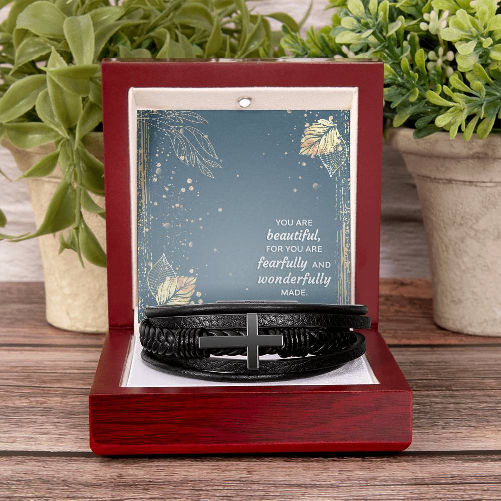 You Are Wonderfully Made Psalm 139:14 Men's Stainless Steel & Vegan Leather Cross Bracelet - Vegan Leather with Stainless Steel-Express Your Love Gifts