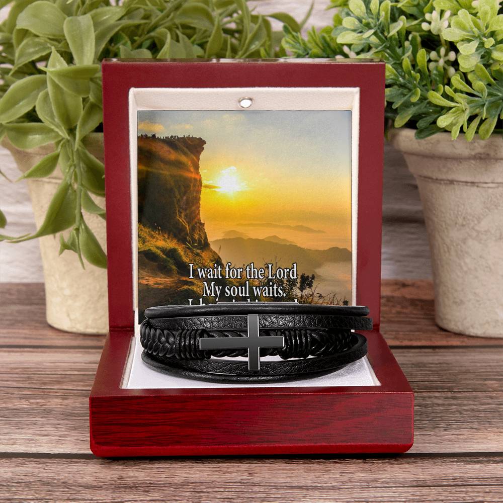Hope in God Psalm130:5 Men's Stainless Steel & Vegan Leather Cross Bracelet - Vegan Leather with Stainless Steel-Express Your Love Gifts